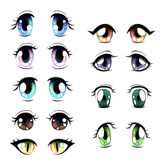 Vector cute bright eyes of different colors set beautiful eyes with light reflections manga japanese style