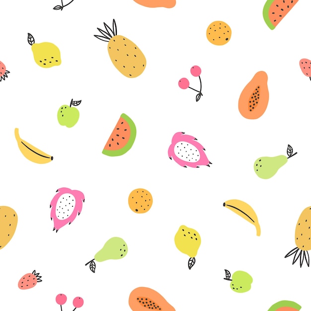 Cute bright fruits. hand drawn seamless pattern