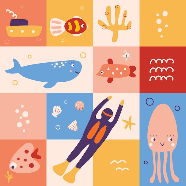 Vector cute bright seamless pattern with funny sea animals scuba diver and boat