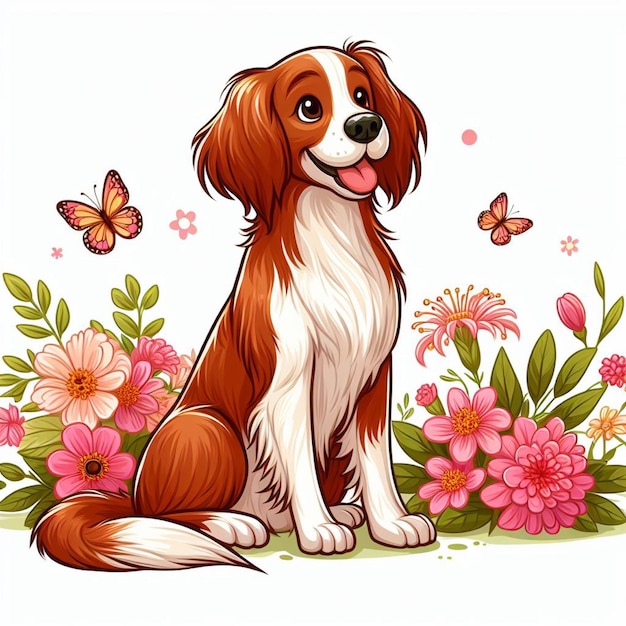 Vector cute brittany spaniel dog and flowers vector cartoon illustration