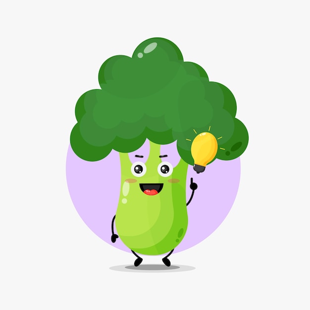 Cute broccoli character with light bulb idea