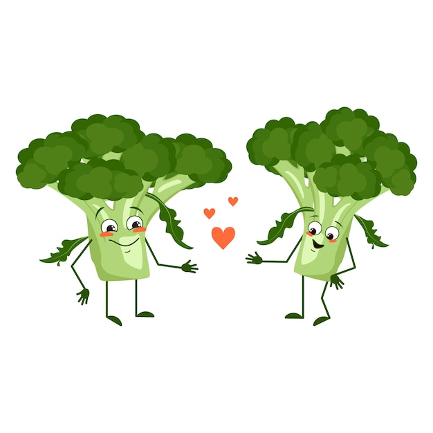 Cute broccoli characters with love emotions, face, arms and legs. The funny or happy heroes, green vegetable or cabbage fall in love. Vector flat illustration