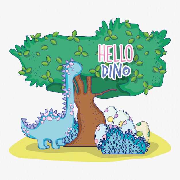Симпатичный бронтозавр с яйцами динозавра и деревом