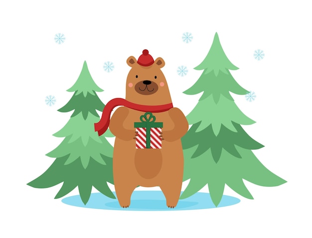 Cute brown bear in hat and scarf with gift box in its paws on the background of the fir trees