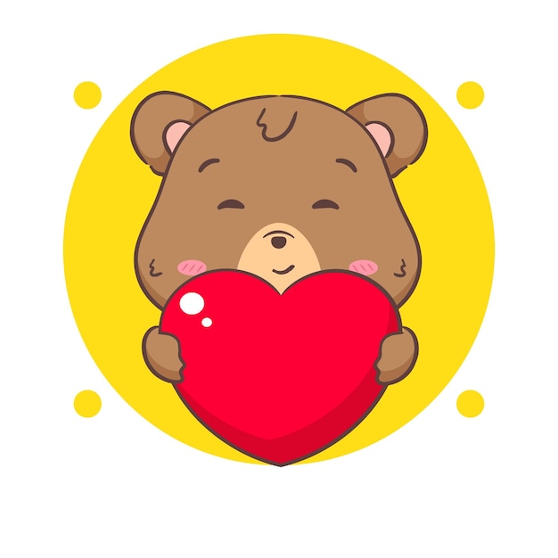 Вектор Милый бурый медведь держит любовное сердце каваи очаровательное животное и концептуальный дизайн ко дню святого валентина