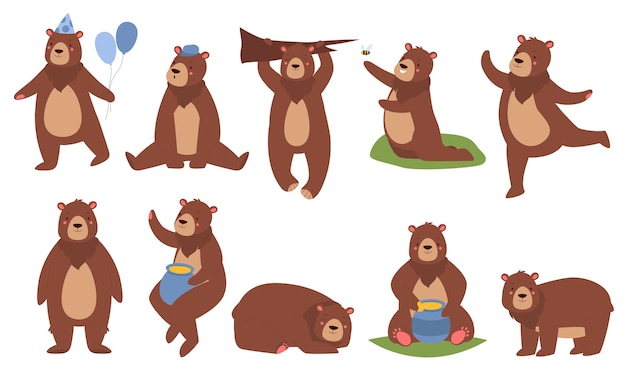 Cute brown bear illustration set.