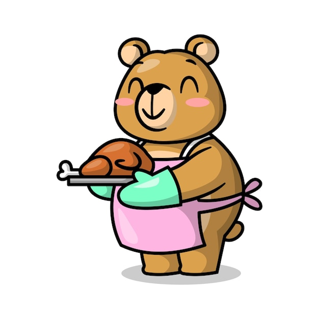 A CUTE BROWN BEAR IS ROASTING A CHICKEN CARTOON ILLUSTRATION