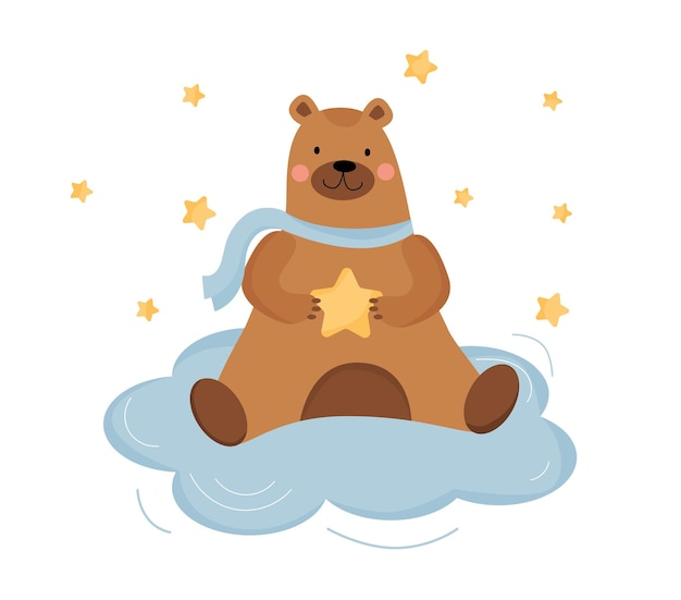 귀여운 갈색 곰이 발에 별과 함께 구름 위에 앉아 있다 어린이 방 카드 장식