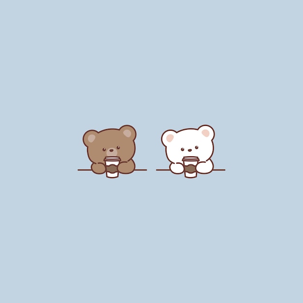 Vector cute brown bear and polar bear with coffee cub cartoon vector illustration