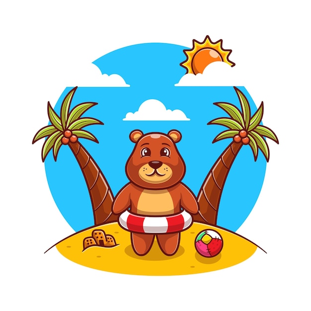 Cute Brown Bear standing in beach with swim ring flat.