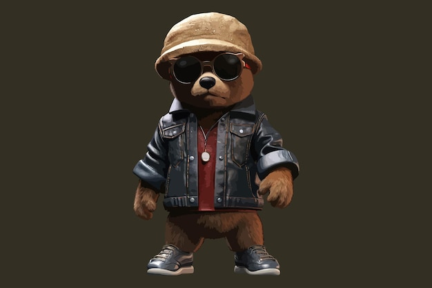 Vector cute brown bear in street fashion style cool bear toy for postcards posters and prints design fashion slogan and style