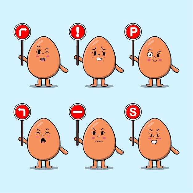 Cute brown cute egg cartoon holding traffic sign