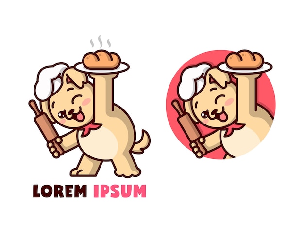 베이커리 만화 로고를 제공하는 귀여운 갈색 강아지 요리사