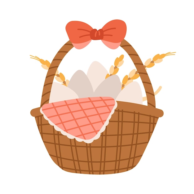 Cute brown garden wicker basket with spring eggs and wheats isolated on a white background