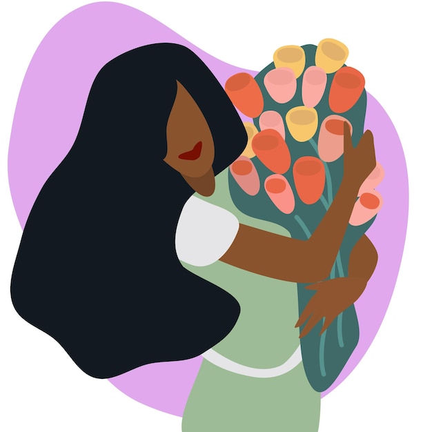 Cute brown girl with flowers in vector illustration