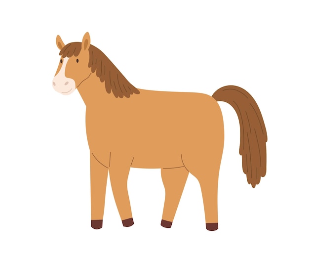 Симпатичная коричневая лошадь на белом фоне. улыбающийся маленький пони. забавный детский персонаж. цветная плоская мультяшная векторная иллюстрация.