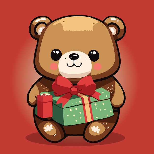 Cute brown kawaii bear with a green gift