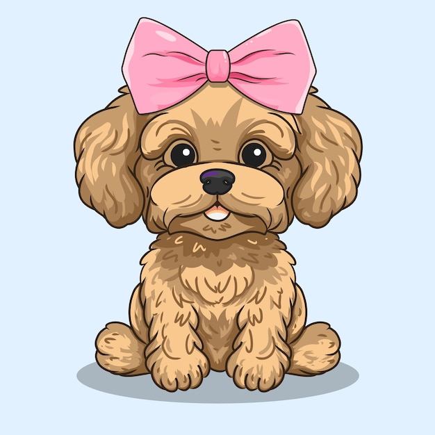 Vector cute brown maltipoo maltese poodle sitting with pink bow