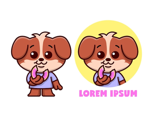 CUTE BROWN PUPPY EATING A DONUT CARTOON LOGO