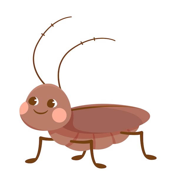 Vector cute brown smiling cockroach on white background concept of stickers of cute and funny insects and