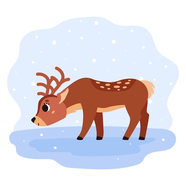 Cute brown spotted deer with horns Forest wild animal Winter time Vector cartoon illustration