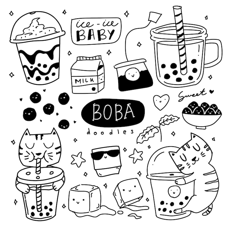かわいい茶色の砂糖ボバミルクティードリンク落書きイラスト