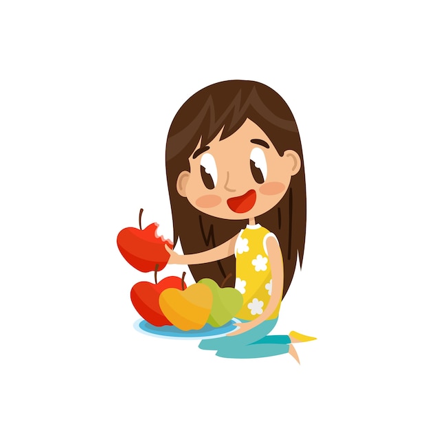 Cute ragazza bruna seduta sul pavimento e mangiare mela rossa illustrazione vettoriale su sfondo bianco
