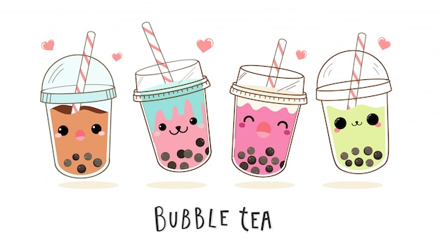 Cute bubble milk tea cartoon characters  set.