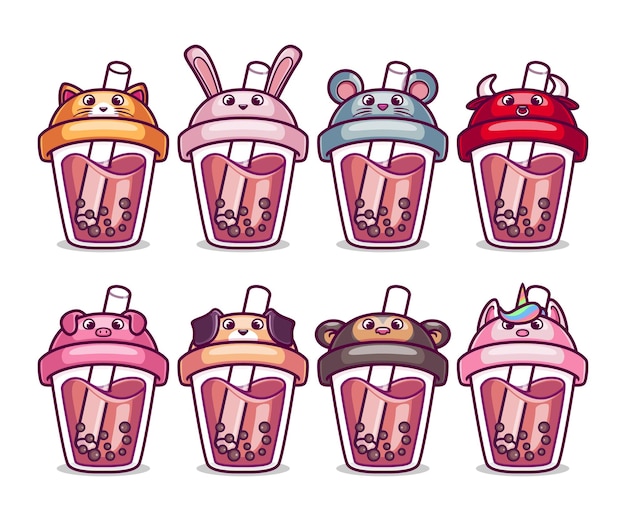 Vector cute bubble tea animal character collection