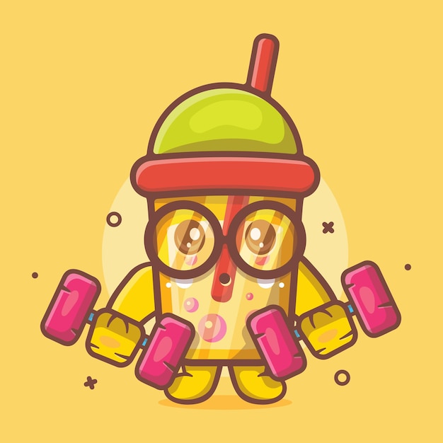 cute bubble tea drink character mascot doing bodybuilding using dumbbell isolated cartoon