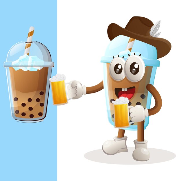 Vettore la simpatica mascotte bubble tea celebra l'oktoberfest con la birra in mano