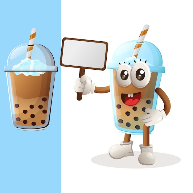 Vector cute bubble tea mascot holding billboards for sale