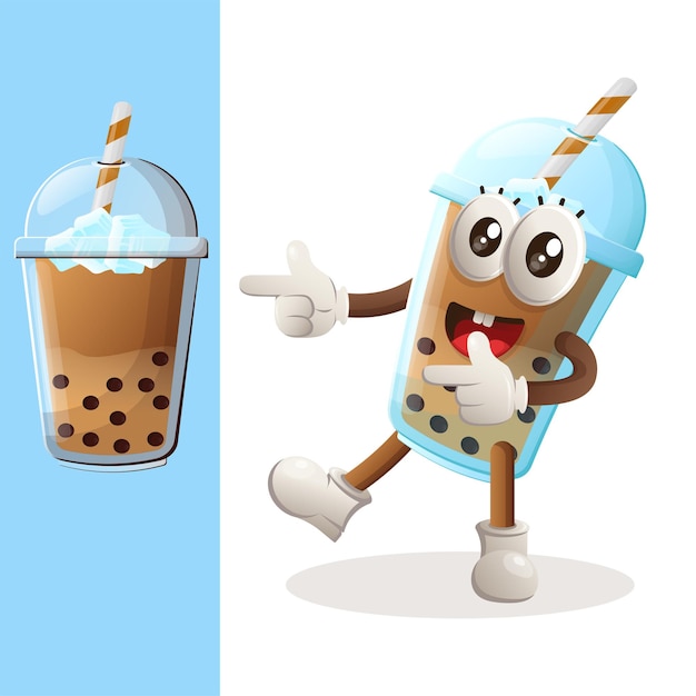 Cute bubble tea mascot playful with pointed hand