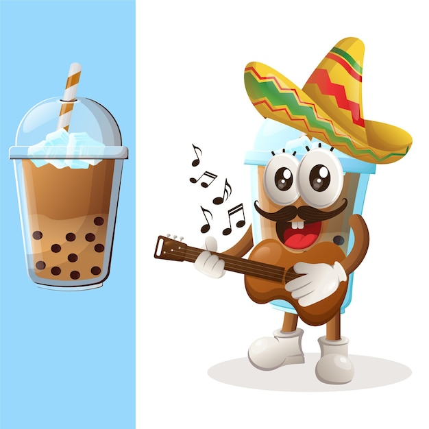 Cute Bubble Tea mascot wearing mexican hat with playing guitar