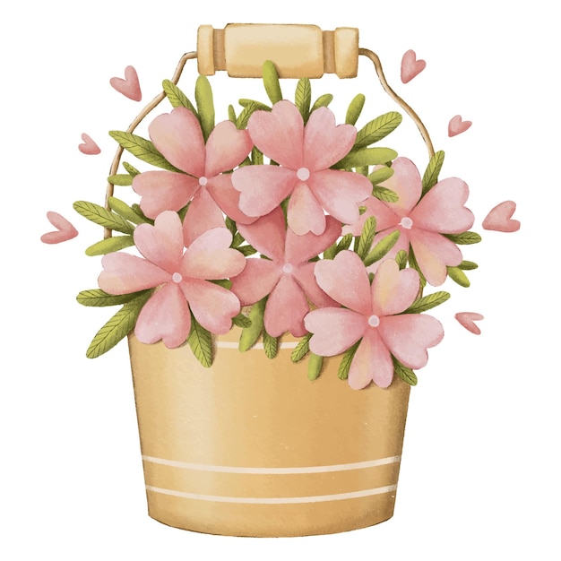 Cute bucket with pink flower illustration