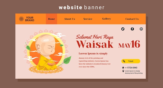 Cute buddha website template meditating and waisak day greetings