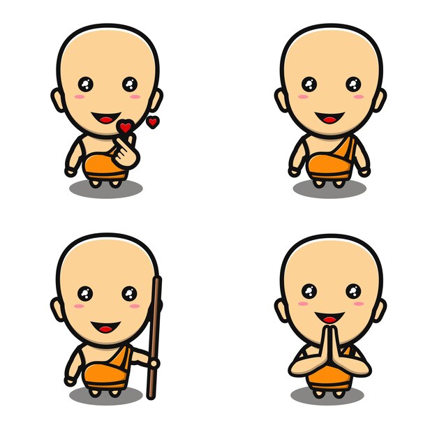 Cute buddhis monk cartoon set