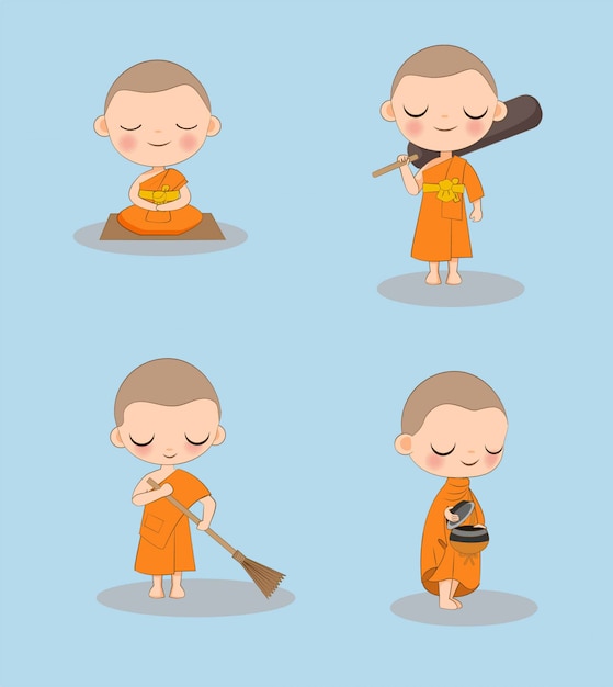 Cute buddhist monk with a variety activities