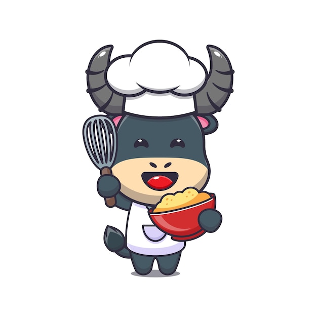 Cute buffalo chef mascot cartoon character with cake dough