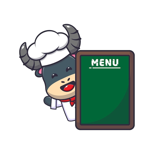 cute buffalo chef mascot cartoon character with menu board