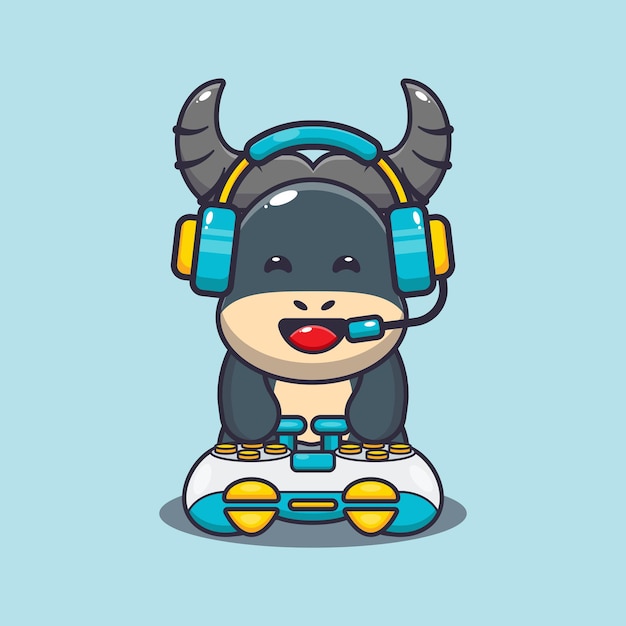 Cute buffalo gamer Cute cartoon animal illustration