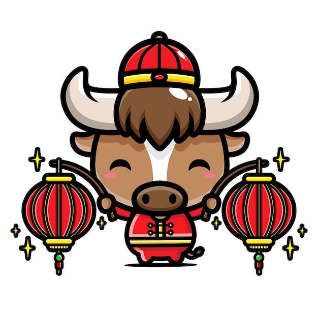 Vector cute buffalo holding chinese new year lanterns