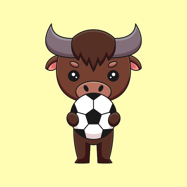 Cute buffalo holding soccer ball cartoon mascot doodle art hand drawn concept vector kawaii icon illustration