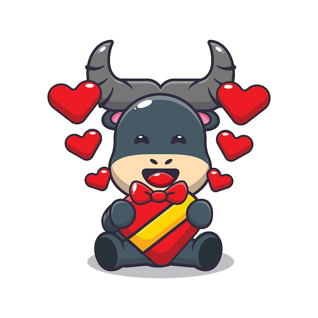 Vettore illustrazione del personaggio dei cartoni animati della mascotte del bufalo carino nel giorno di san valentino
