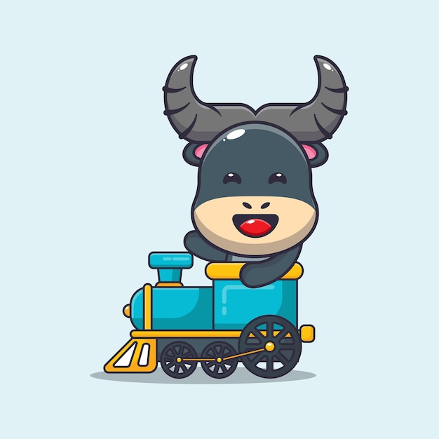 Cute buffalo mascot cartoon character ride on train