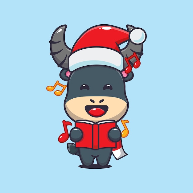 ベクトル かわいいバッファローがクリスマスソングを歌います。かわいいクリスマス漫画イラスト。