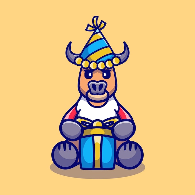 Cute buffalo wearing hat and birthday present