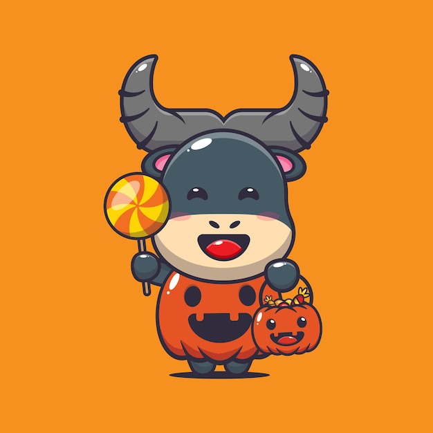 ハロウィーンのカボチャの衣装を着たかわいいバッファロー。かわいいハロウィーンの漫画のイラスト。