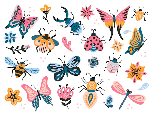 Simpatici bug. insetti di disegno del bambino, farfalle volanti e coccinella. farfalla fiore, volare insetto e scarabeo set piatto