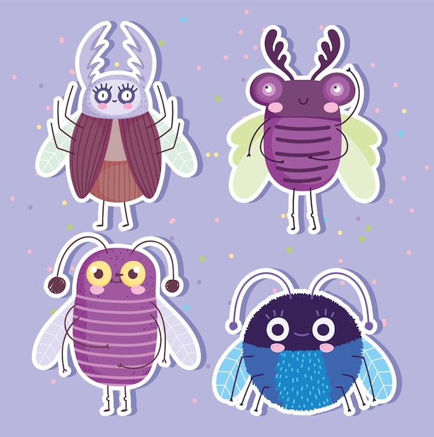 Cute bugs insects animal in cartoon style stickers collection
illustration